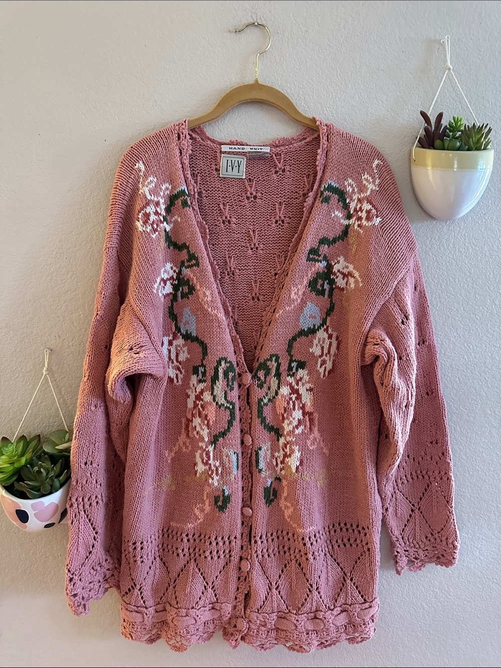 Vintage Hand Knit Long Floral 80s 90s IVY Cardigan Sweater Medium